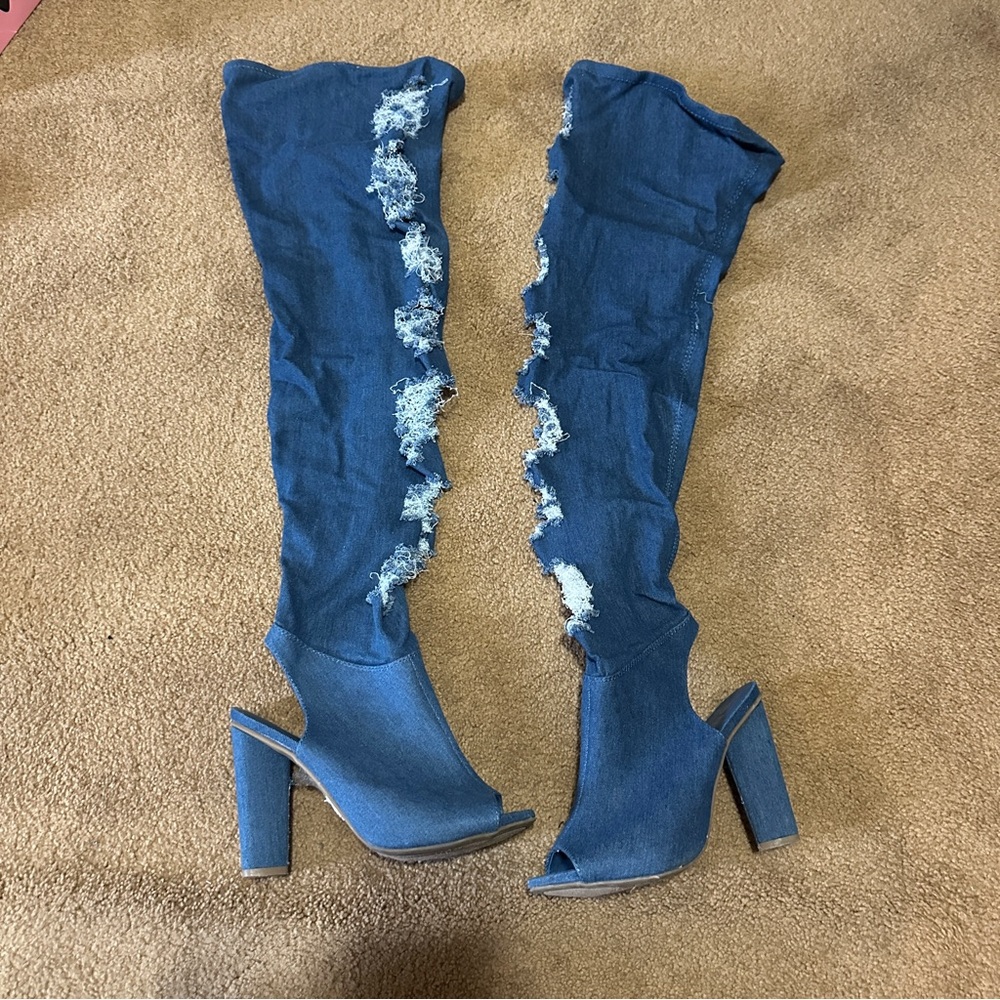 Blue Denim Thigh High Peep-Toe Boots